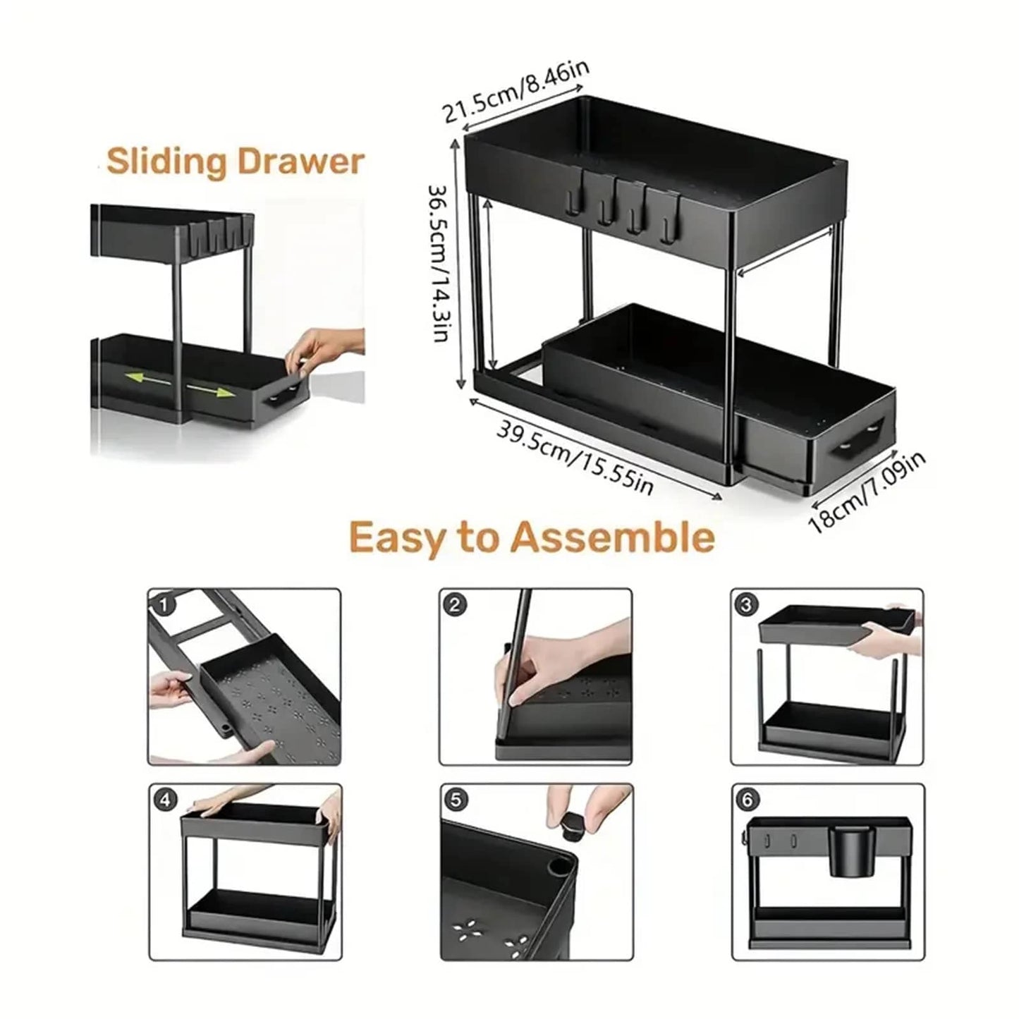2 PCS Under Sink Organizer Pull-Out, 2-Tier Multifunctional Kitchen Bathroom Organizers and Storage, Under Cabinet Storage for Home, Black