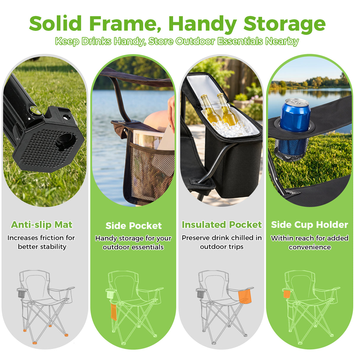 BAOKALER 2 Pack Camping Chair, Foldable Outdoor Lawn Chair with Cup Holder, Cooler Bag & Side Pocket for Backyard, Camping & Beach, Heavy-Duty Steel Frame, Supports 350lbs, Black