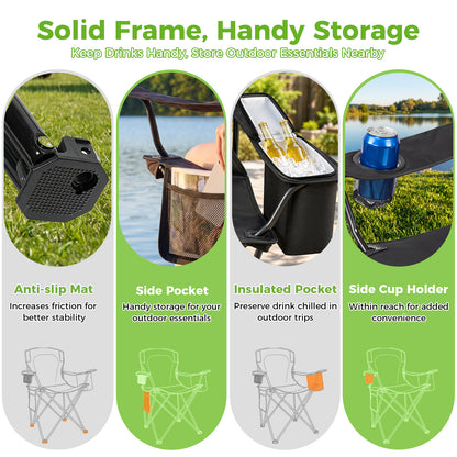BAOKALER 2 Pack Camping Chair, Foldable Outdoor Lawn Chair with Cup Holder, Cooler Bag & Side Pocket for Backyard, Camping & Beach, Heavy-Duty Steel Frame, Supports 350lbs, Black