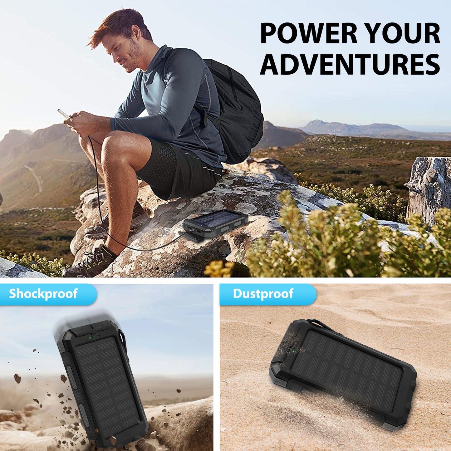 2PK BAOKALER 30000mAh Solar Charger for Cell Phone iPhone, Portable Solar Power Bank with Dual 5V USB Ports, 2 Led Light Flashlight, Compass Battery Pack for Outdoor Camping Hiking(Black)
