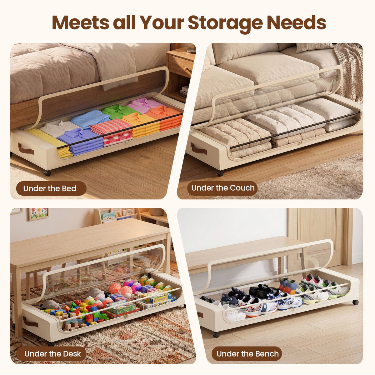 XXL Underbed Storage with Wheels, 2-Pack 85L Large Under Bed Storage Containers with Clear Lid, Rolling Under Bed Storage for Clothes, Shoes, Blankets (Beige)