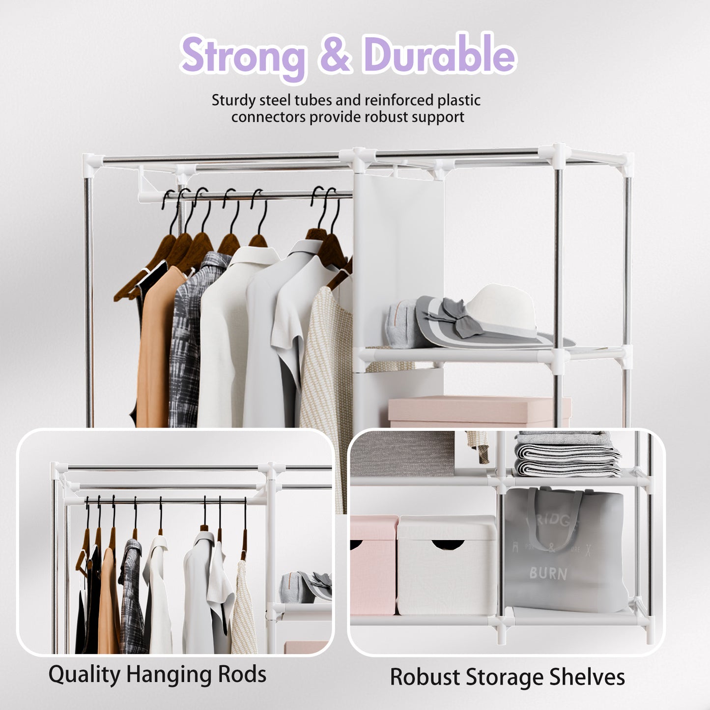 BAOKALER Portable Closet Organizer with 6 Shelves & 1 Hanging Rod, Non-woven Fabric Wardrobe Clothes Storage with 4 Side Pockets for Bedroom, Living Room, Cloakroom, Dorm, Apartment, Black