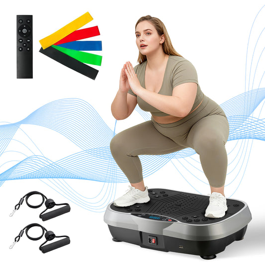 Vibration Plate Exercise Machine, Full Body Workout Machine for Weight Loss, Vibrating Board 300LBS Capacity, Vibration Platform with Resistance Bands, Remote Control, Silver-White