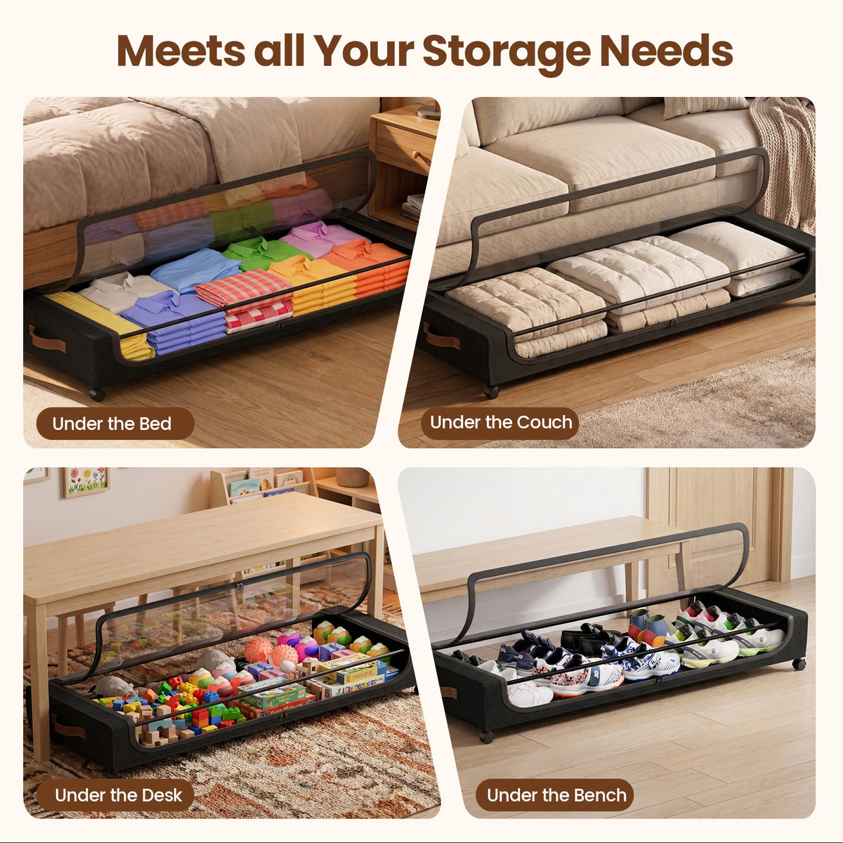 85L Under Bed Storage with Wheels, 2-Pack XXL Underbed Storage Containers with Clear Lid, Rolling Organizer Bins for Clothes, Shoes, Blankets (Black)