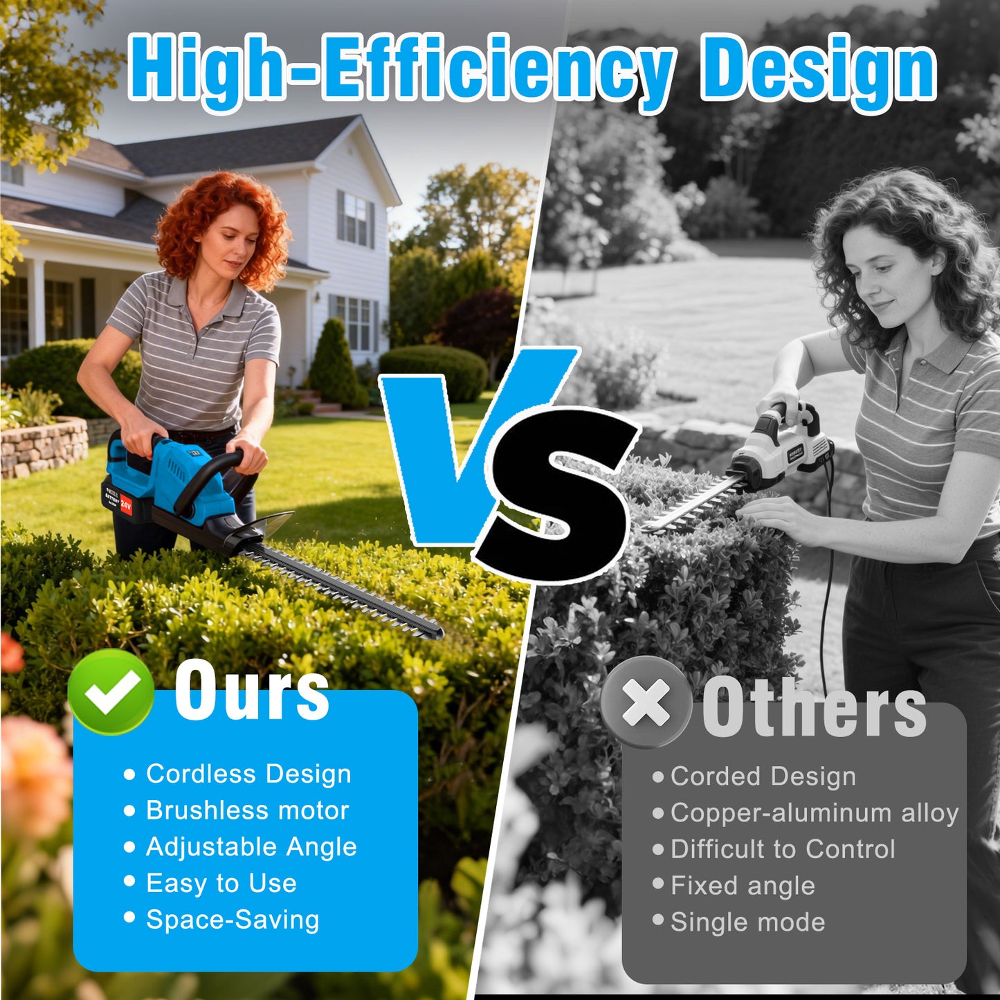 22" Cordless Hedge Trimmer with 180～ Rotatable Head, 21V Electric Bush Trimmer with 2 x 4000mAh Batteries, 1000W 24000r/min Motor, 66Mn Steel Blade for Garden Yard, Blue