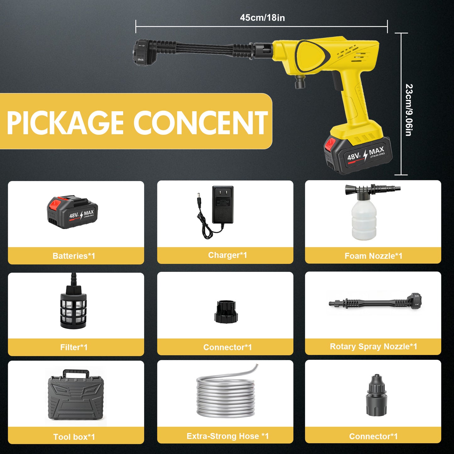 BAOKALER Cordless Pressure Washer, 970PSI Portable Power Washer with 4AH Battery, 6 in 1 Nozzle Electric High Power Washer with Brushless Motor, Yellow