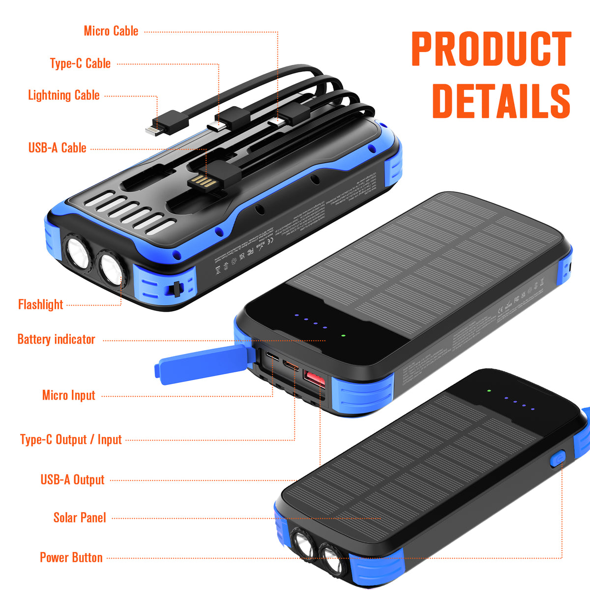 40000mAh Solar Power Bank Blue, Portable Charger 20W PD Fast Charging, Solar Charger Power Bank W/4 Built-in Cables & 9 Charging Ways, Waterproof Dual LED Flashlights for Camping Hiking