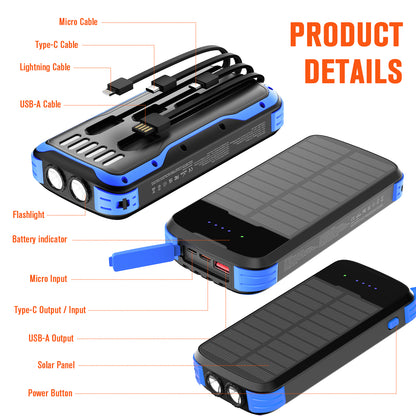 40000mAh Solar Power Bank Blue, Portable Charger 20W PD Fast Charging, Solar Charger Power Bank W/4 Built-in Cables & 9 Charging Ways, Waterproof Dual LED Flashlights for Camping Hiking