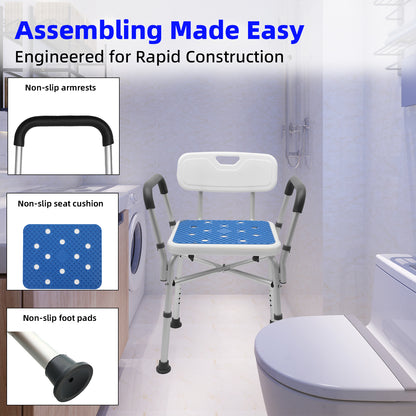 CATGOOD Shower Chair for Inside Shower, Bath Chair with Arms and Reinforced Crossing Bar for Elderly, Adults, Disabled, 550LBs Heavy Duty Bath Chair, Adjustable Shower Bench ,White and Blue