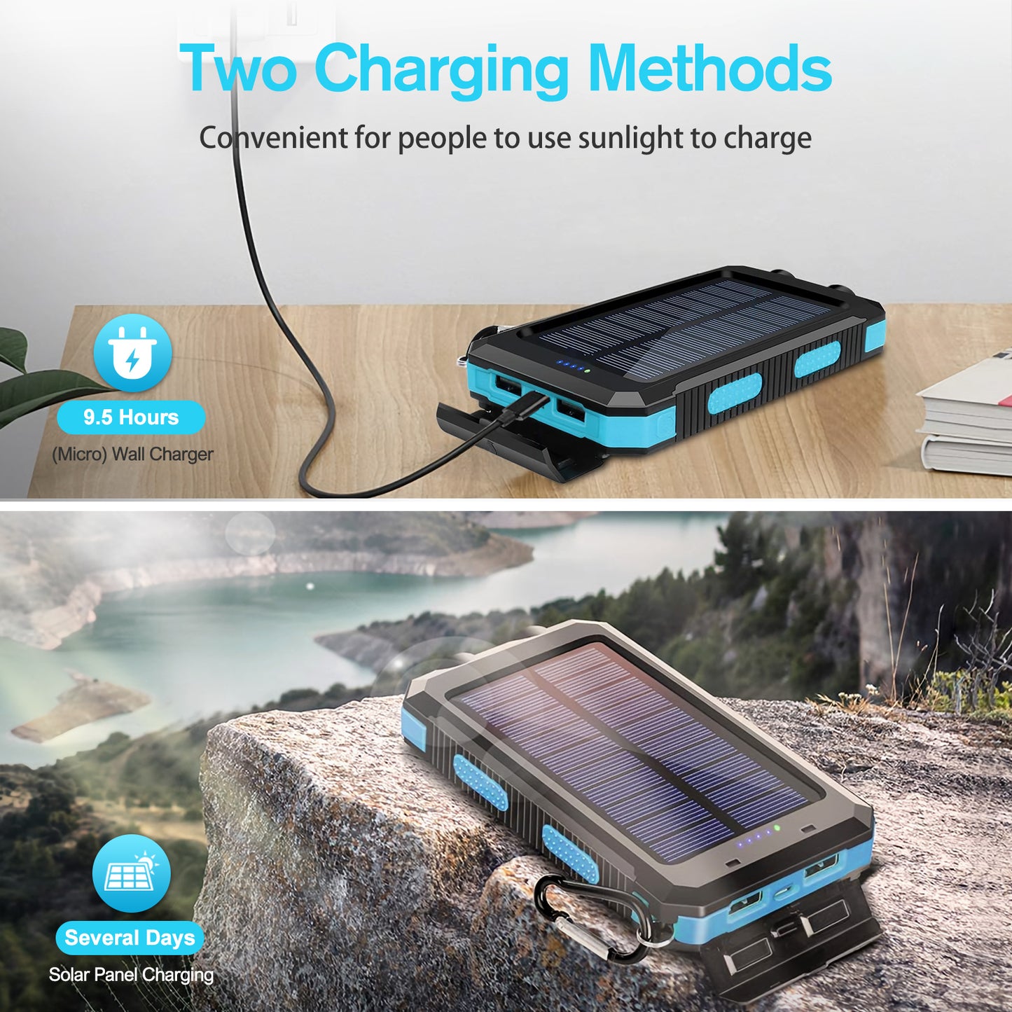BAOKALER 30000mAh Solar Charger for Cell Phone iPhone, Portable Solar Power Bank with Dual 5V USB Ports, 2 Led Light Flashlight, Compass Battery Pack for Outdoor Camping Hiking(Blue)