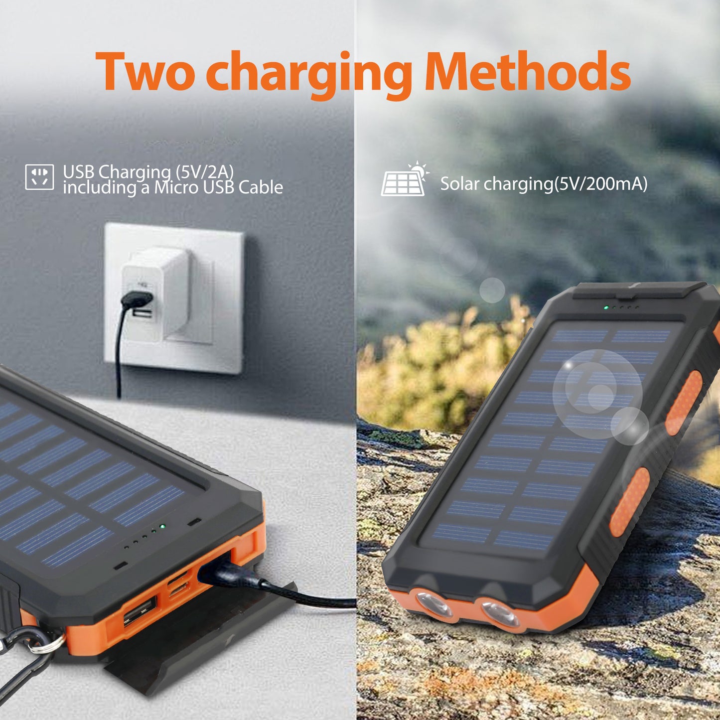 2PK Solar Power Bank, Portable Charger, 20000mAh Solar Charger with LED Flashlight, IP65 Waterproof External Backup Battery Pack Perfect for Camping, Outdoor Activities
