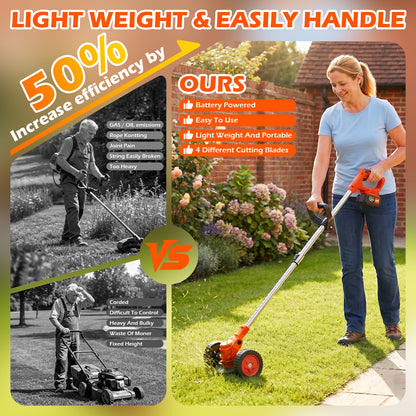 Weed Eaters, Cordless Weed Trimmer with Wheels, 2Pcs 4000mAh Batteries, Adjustable Length, 650W Grass Trimmer/Edger/Brush Cutter for Lawn Yard Garden Maintaining (Orange)