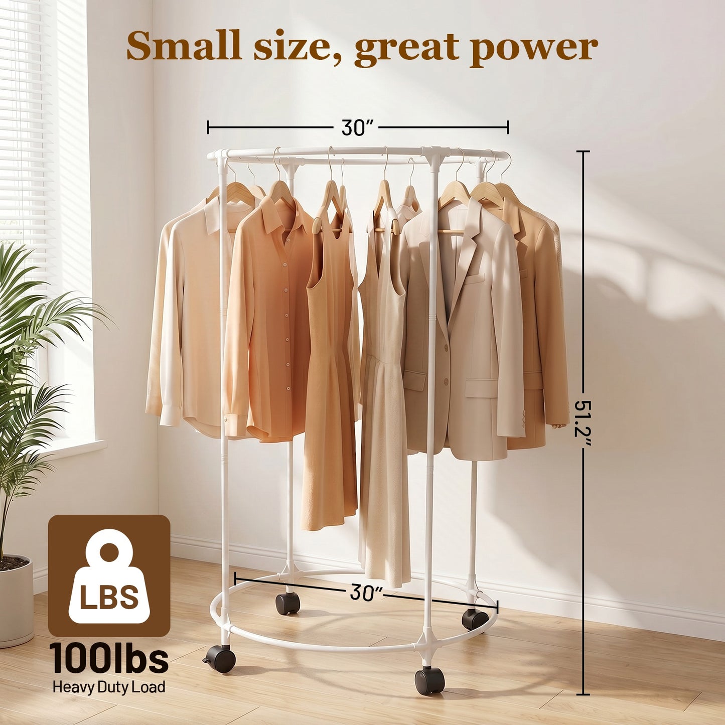 Clothes Rack, Rolling Round Garment Rack with 4 Universal Wheels and Shelf, Floor-Standing Clothes Hanging Rack for Bedroom, White