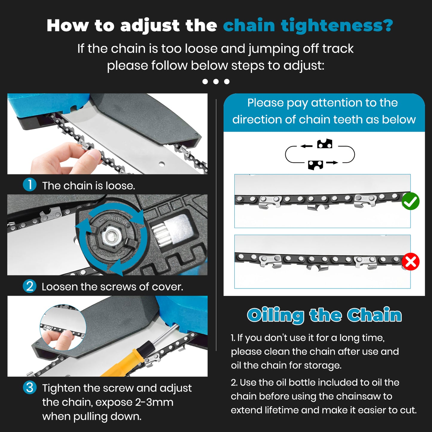 Mini Chainsaw Cordless, 6 inch & 4 inch Portable Electric Chainsaw with 2 Rechargeable Batteries and 3 Chains, for Tree Trimming Wood Cutting, Best Gifts for Father, Dad, Husband, Men, Blue