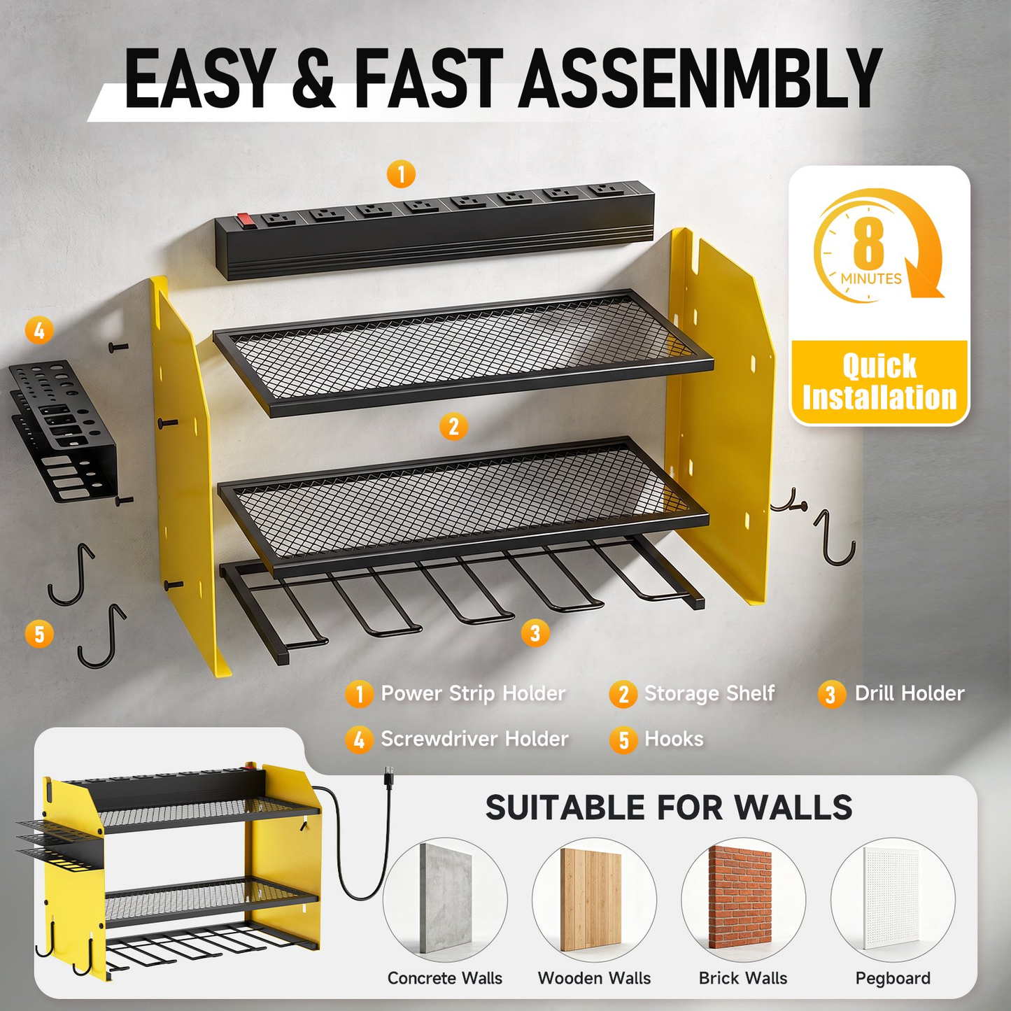 Power Tool Organizer Wall Mount with Charging Station,Tool Storage Rack with 8 Outlet Power Strip, 4 Drill Holder Wall Mount for Garage Organization(Yellow)
