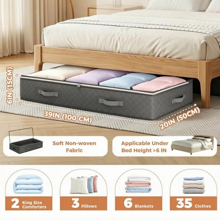 BAOKALER 6 Pack Foldable Underbed Storage Containers, 90L Storage Bins for Blankets, Clothing, Linens, Sweaters, Pillows, Comforters and Wrapping Paper, Dark Gray