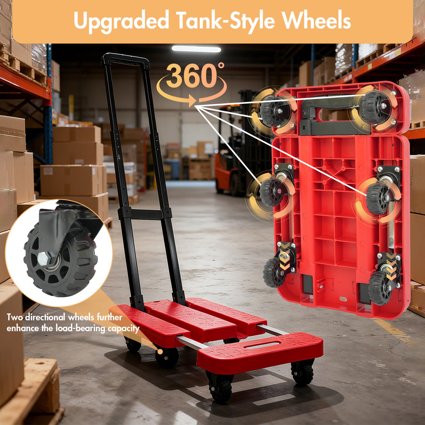 BAOKALER Folding Hand Truck, Heavy Duty Dolly Cart, Push Dolly Cart Foldable Platform with 6 Wheels, Red