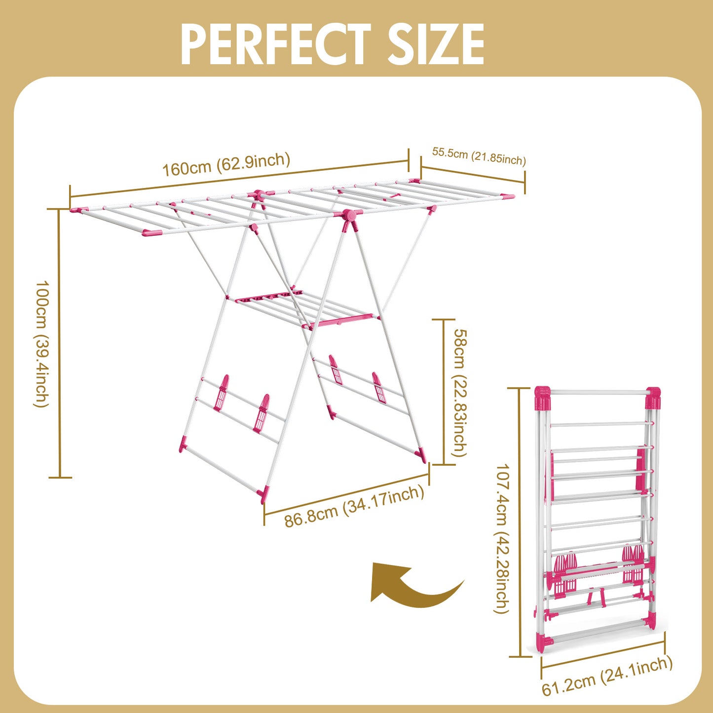 2-Tier Collapsible Clothes Drying Rack, Height-Adjustable Laundry Rack for Drying, Rustproof Clothes Dryer Hanger with Wings for Home, Red