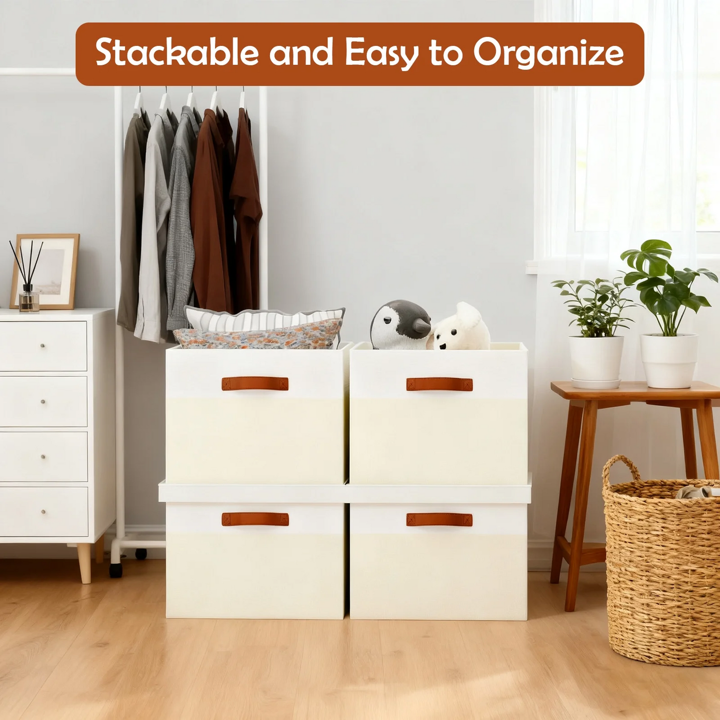 Storage Bins with Lids, 2 Pack Extra Large Blanket Storage Baskets with Lids, Closet Organizers Bins for Living Room, Nursery, Beige and White