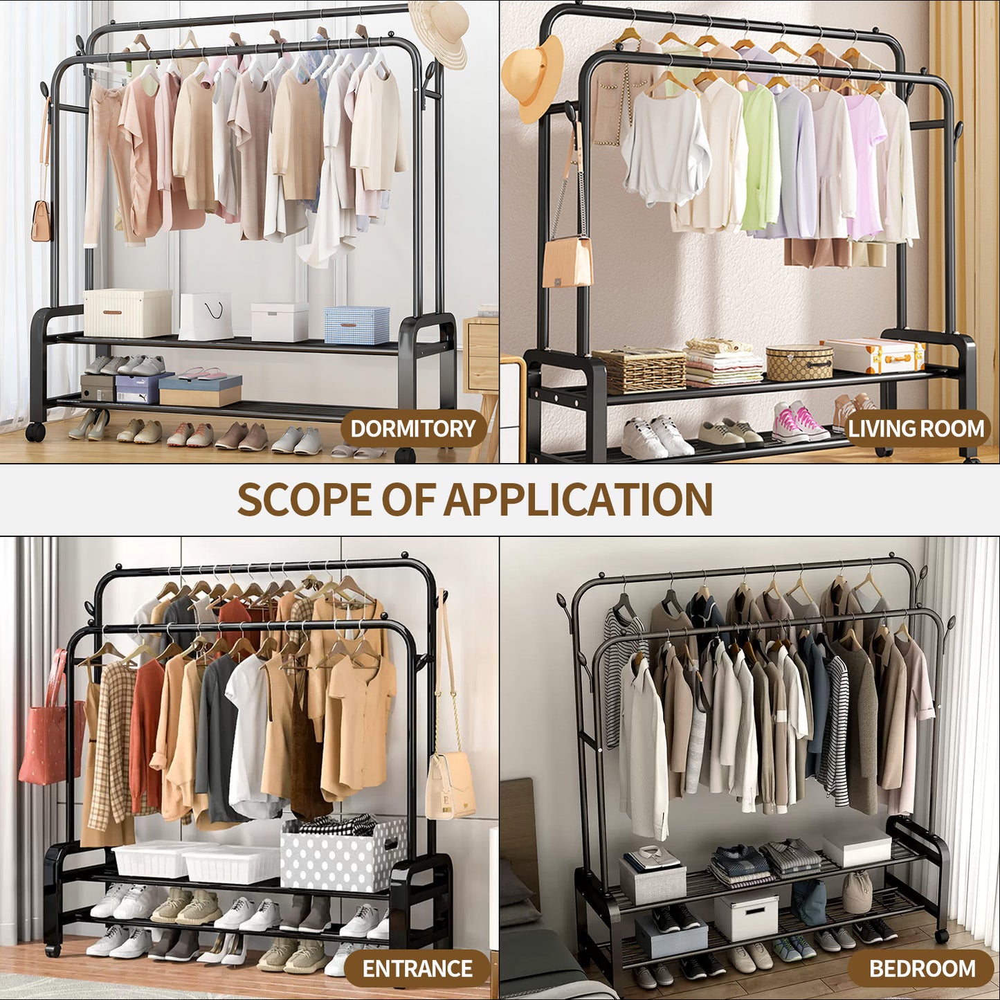 Clothes Rack With Wheels, Portable Clothing Rack With Shelves & Hooks, Heavy Duty Garment Racks for Hanging Clothes, Multi-Functional Closet Rack for Bedroom, Black