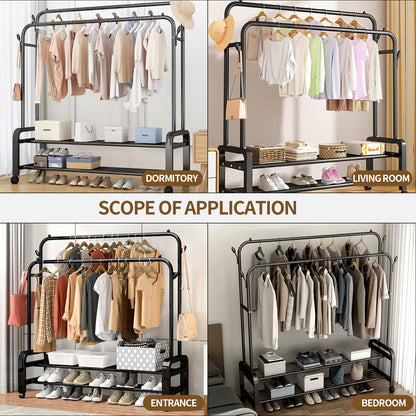 Clothes Rack With Wheels, Portable Clothing Rack With Shelves & Hooks, Heavy Duty Garment Racks for Hanging Clothes, Multi-Functional Closet Rack for Bedroom, Black