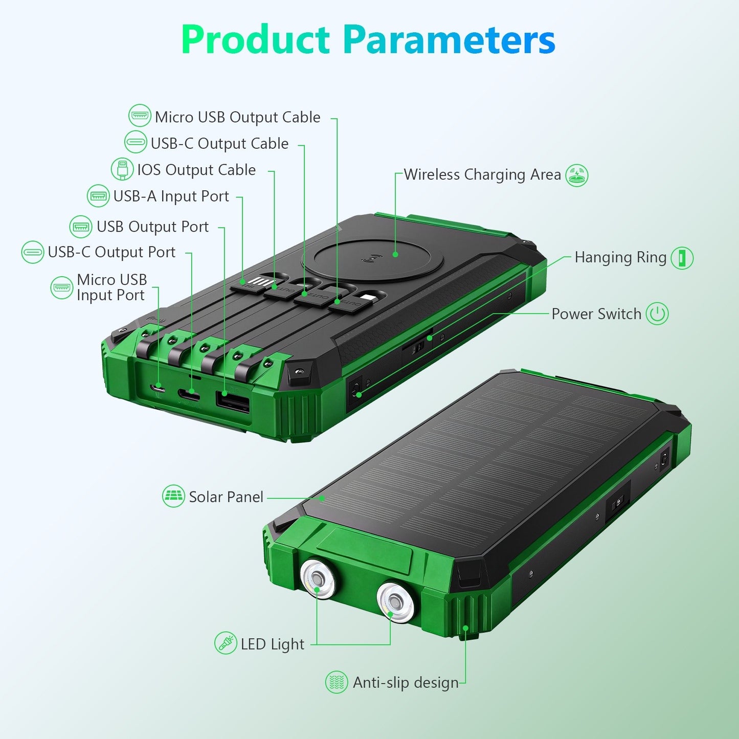 Power Bank Wireless Charger 46800mAh Built in 4 Cables Six Outputs 15W Fast Charging Power Bank for All Mobile Devices Three Inputs Solar Portable Charger with Dual Flashlights, Carabiner(Green)