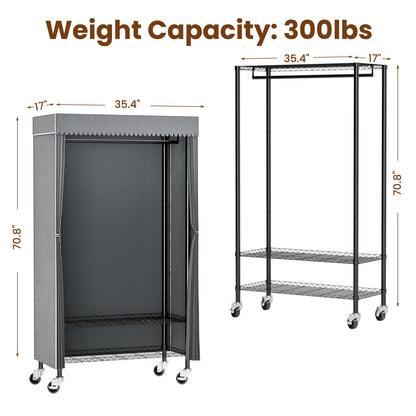 Heavy Duty Garment Rack with Gray Cover, Rolling Clothes Rack for Hanging Clothes, Freestanding Clothing Rack with 2-Tier Storage Shelf Wheels Hanging Rod Dust Cover, 35.4"x17"x72.4", Black