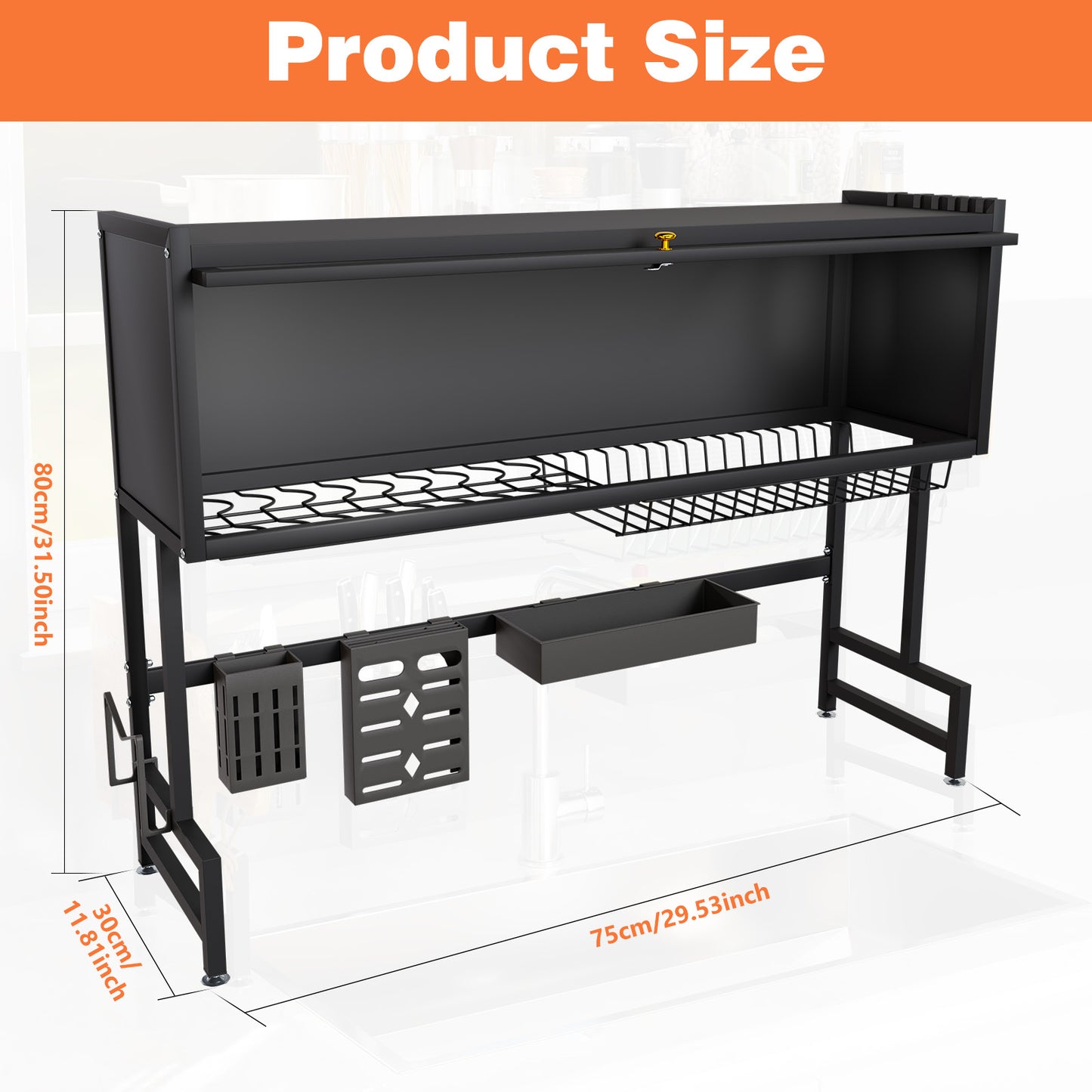 Stainless Steel Dish Drying Rack Over Sink, Black, Dustproof Dish Racks for Kitchen Counter Black, Length-29.53"