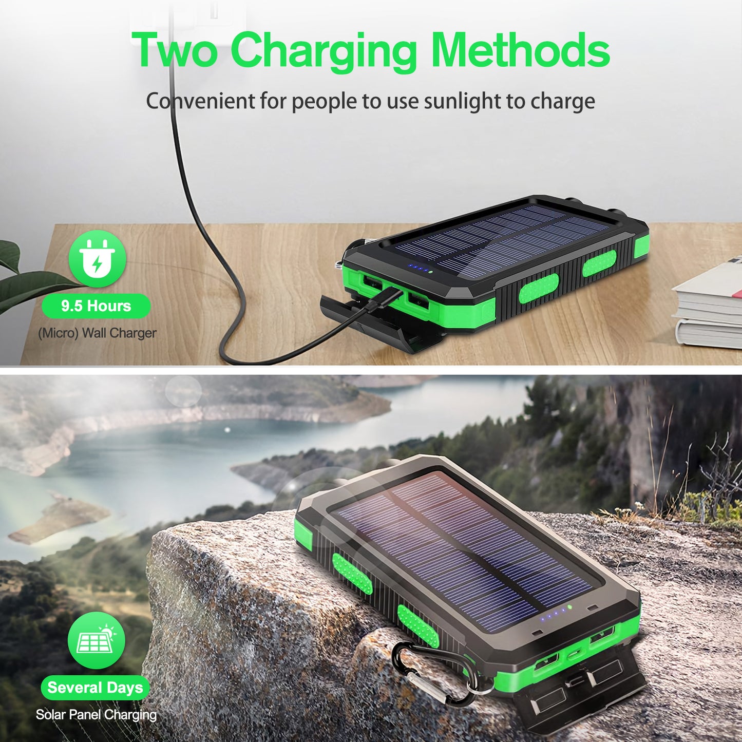 2PK BAOKALER 30000mAh Solar Charger for Cell Phone iPhone, Portable Solar Power Bank with Dual 5V USB Ports, 2 Led Light Flashlight, Compass Battery Pack for Outdoor Camping Hiking(Green)