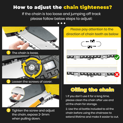 Mini Chainsaw Cordless, 6 inch & 4 inch Portable Electric Chainsaw with 2 Rechargeable Batteries and 3 Chains, for Tree Trimming Wood Cutting, Best Gifts for Father, Dad, Husband, Men, Yellow