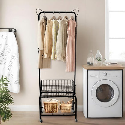 ALSO GO Rolling Laundry Cart with Clothes Rack, Multifunctional Laundry Butler with Basket, Hamper Cart with Lockable Wheels, Black