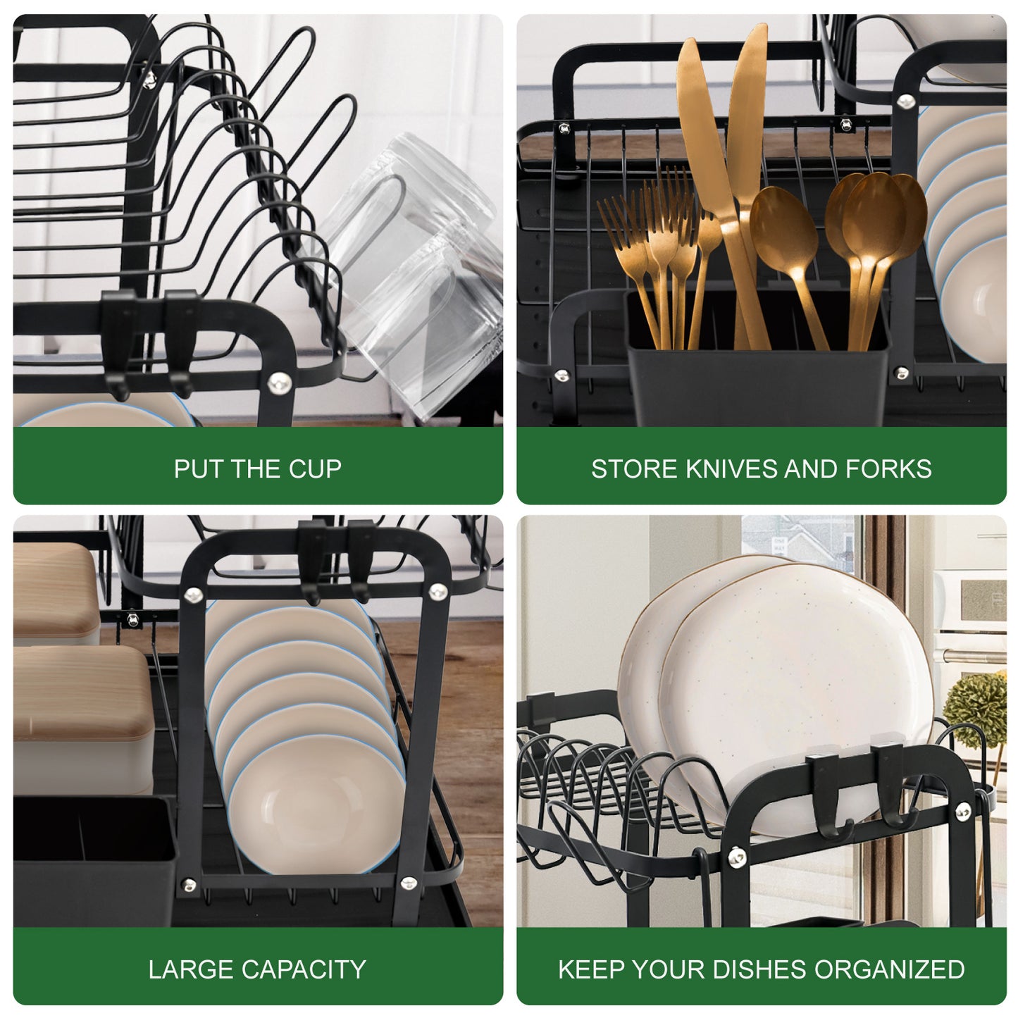 2-Tier Dish Rack for Kitchen, Dish Drying Rack with Drain Board Tray, Compact Dishing Rack with Utensil Holder, Cutting Board Holder, Kitchen Dishes Storage and Organizers