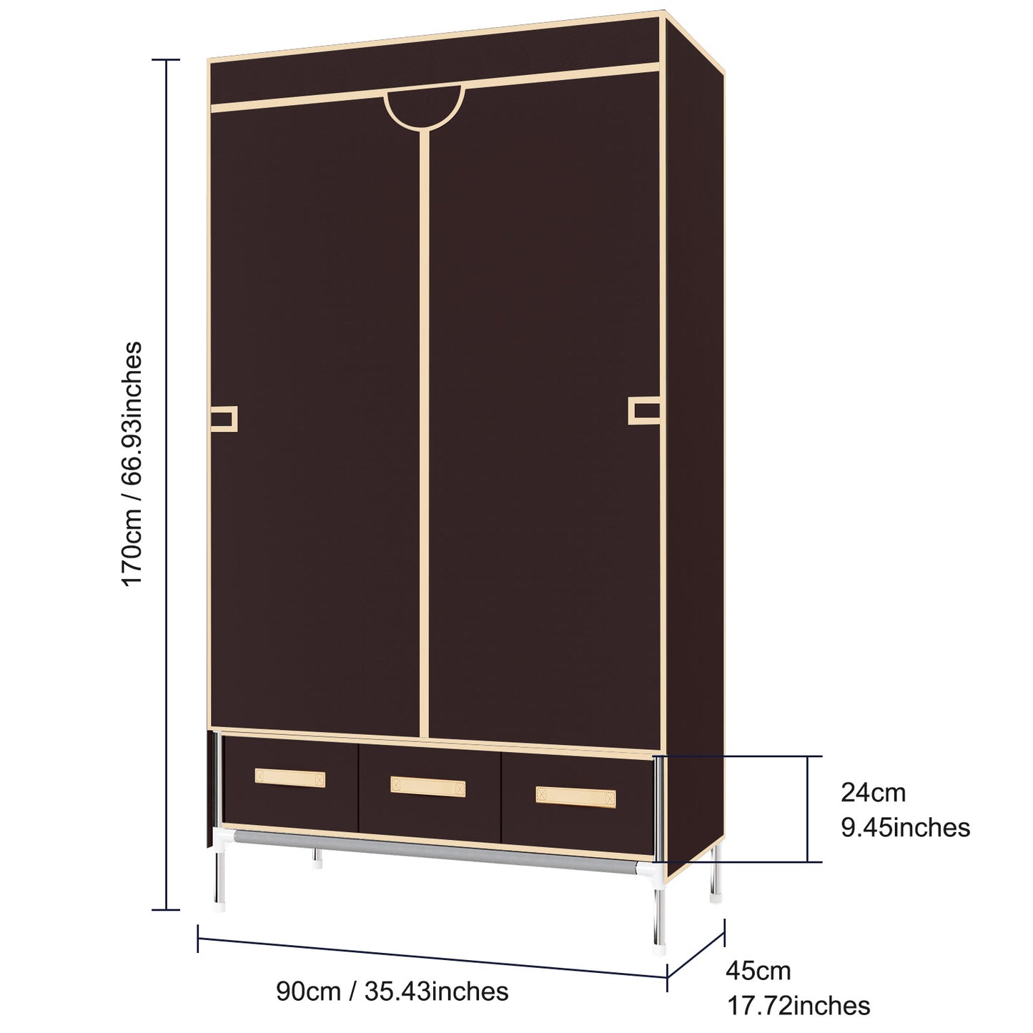 Wardrobe Closet with 3 Storage Drawers for Rentals, Dorms, Bedrooms, 67 Inches Tall hanging Closet Organizers and Storage with Hanging Space for Coats and Bags, Dark Coffee
