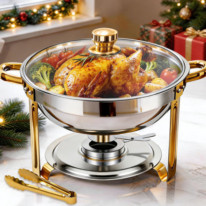 CATGOOD Chafing Dish for Buffet 1 Pack, 5.3QT Round Chafing Dish Buffet Set for Parties, Gold Stainless Steel Buffet Server and Warmer with 1 Serving Tong