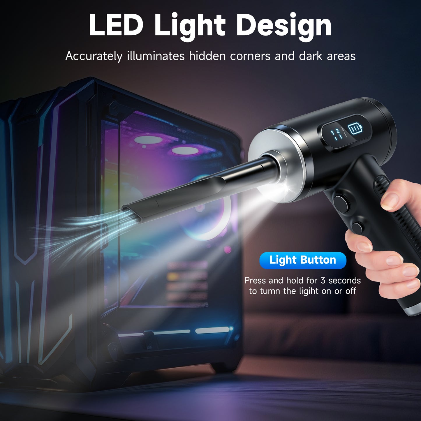 Compressed Air Duster, 120000RPM Mini Vacuum Cleaner Cordless, 3 Gear Adjustable Electric Air Duster/Car Vacuum Cleaner, Keyboard Duster with LED Light 13 Kits Air Blower for Computer