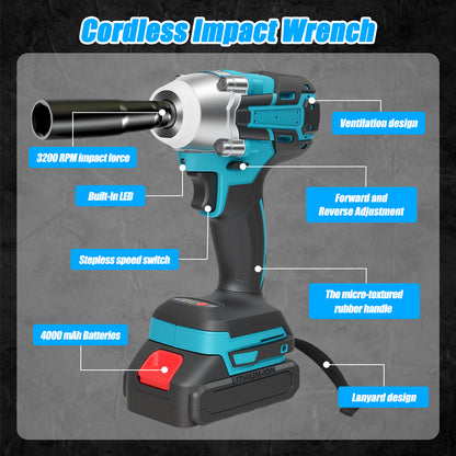 Baokaler Cordless Impact Wrench 1/2-Inch, Max Torque 740 Ft-lbs Impact Gun, High Efficiency Brushless Motor with Fast Charger and 2 Battery, 21V High Torque Power Impact Driver for Car/Mower