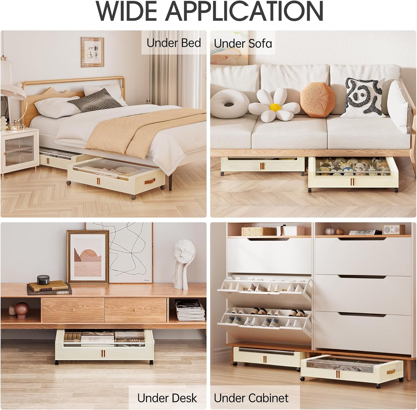 Under Bed Storage with Wheels: XXL Underbed Storage Containers with Lids - Rolling Bins for Shoes Clothes in Dorm Bedroom - Metal Drawers Easy Pull-out Beige 4-Pack