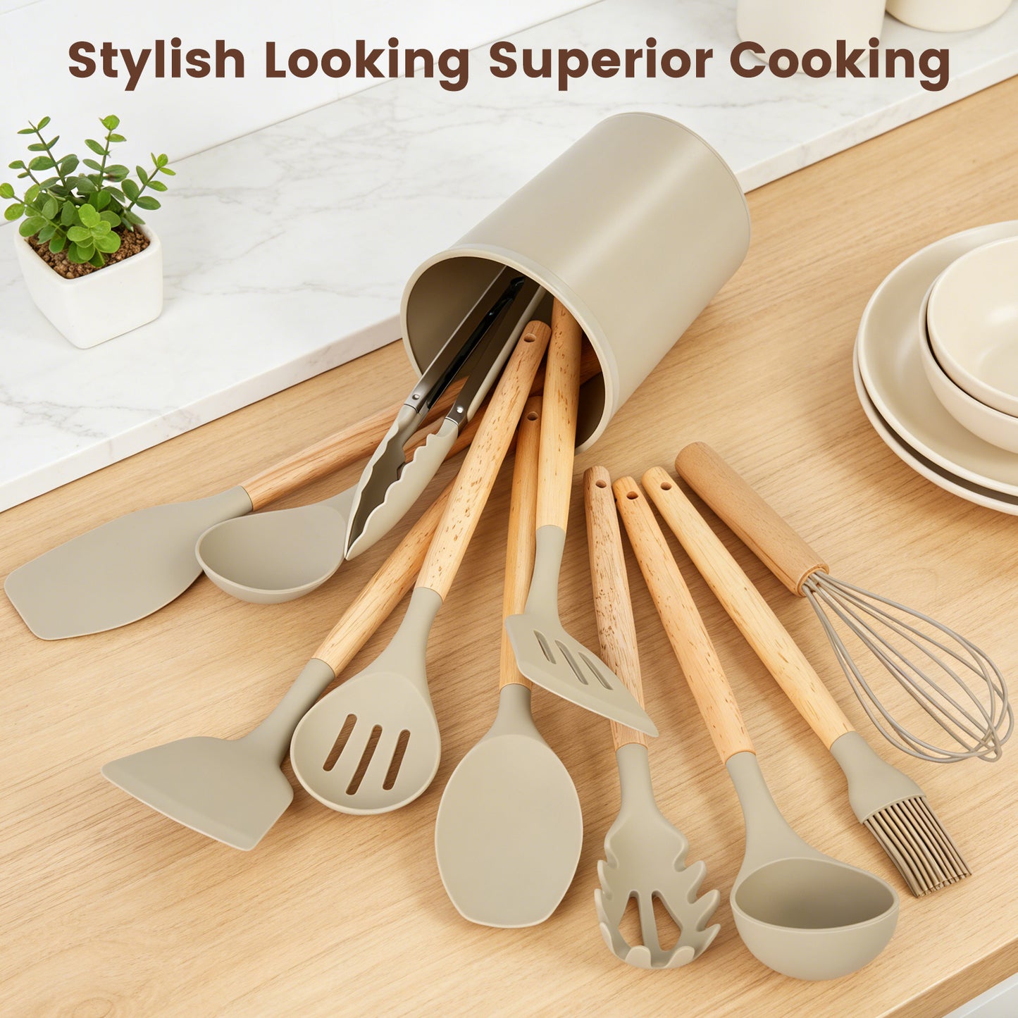 Silicone Cooking Utensils Set with Holder, 44 PCS Kitchen Utensils Set, Silicone Kitchen Gadgets Spatulas Set for Nonstick Cookware, Khaki