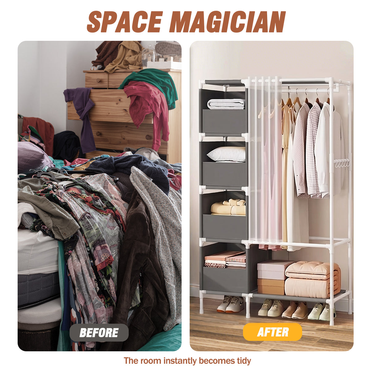 Clothes Rack, Portable Closet, Freestanding Closet Organizer with Curtain, 4 Tier Garment Rack for Bed Room, Gray