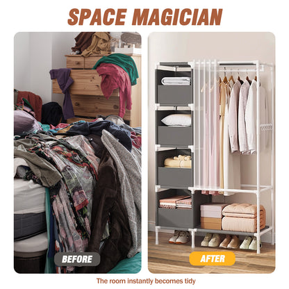Clothes Rack, Portable Closet, Freestanding Closet Organizer with Curtain, 4 Tier Garment Rack for Bed Room, Gray