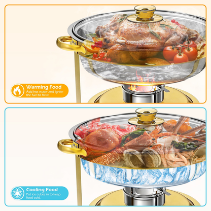 BAOKALER 4 Pack Chafing Dish Buffet Set, 6QT Stainless Steel Food Warmers with Glass Lids & Gold Stands, Buffet Servers & Chafer Set for Parties, Weddings, Catering