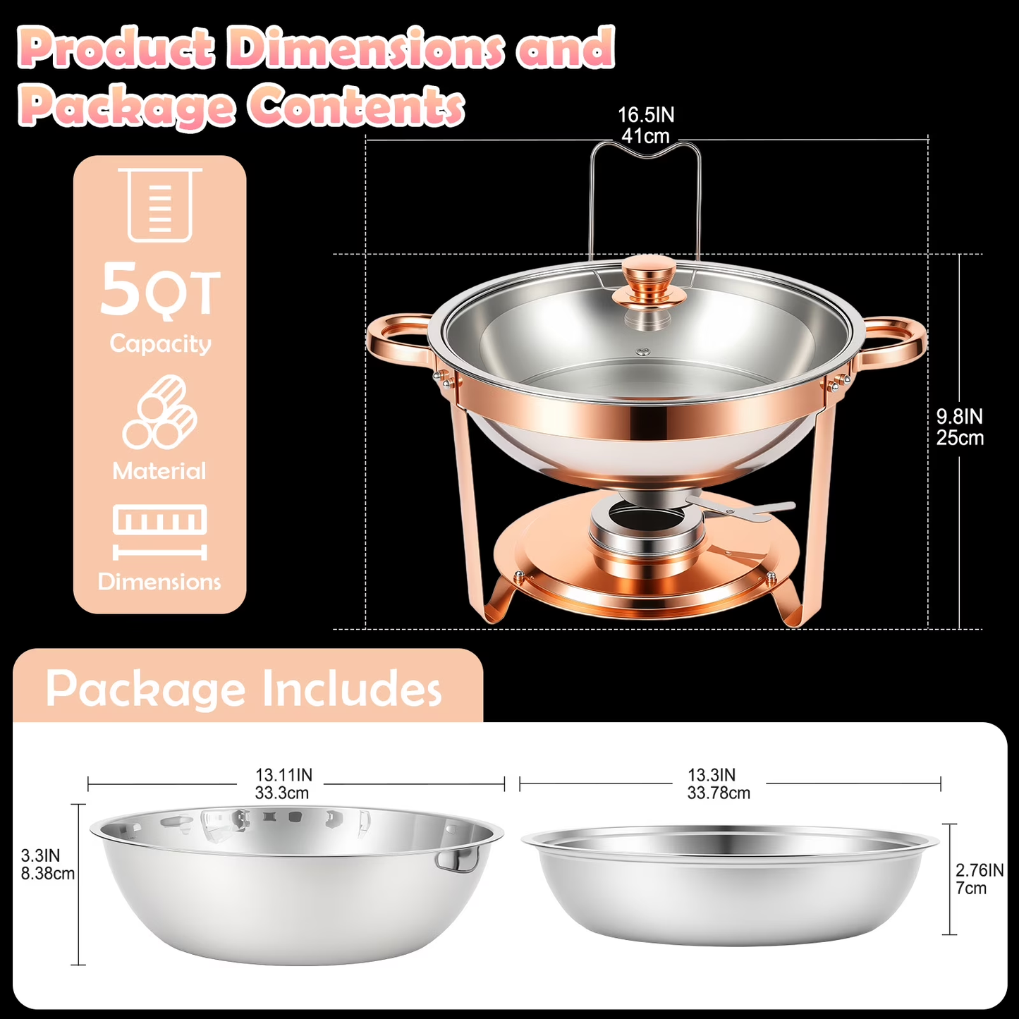 CATGOOD Chafing Dishes for Buffet, 5.3QT Chafing Dish Buffet Set, Food Warming Trays for Buffet, for Home Parties, Christmas Gatherings, Catering Events, Rose Golden 4 Pack