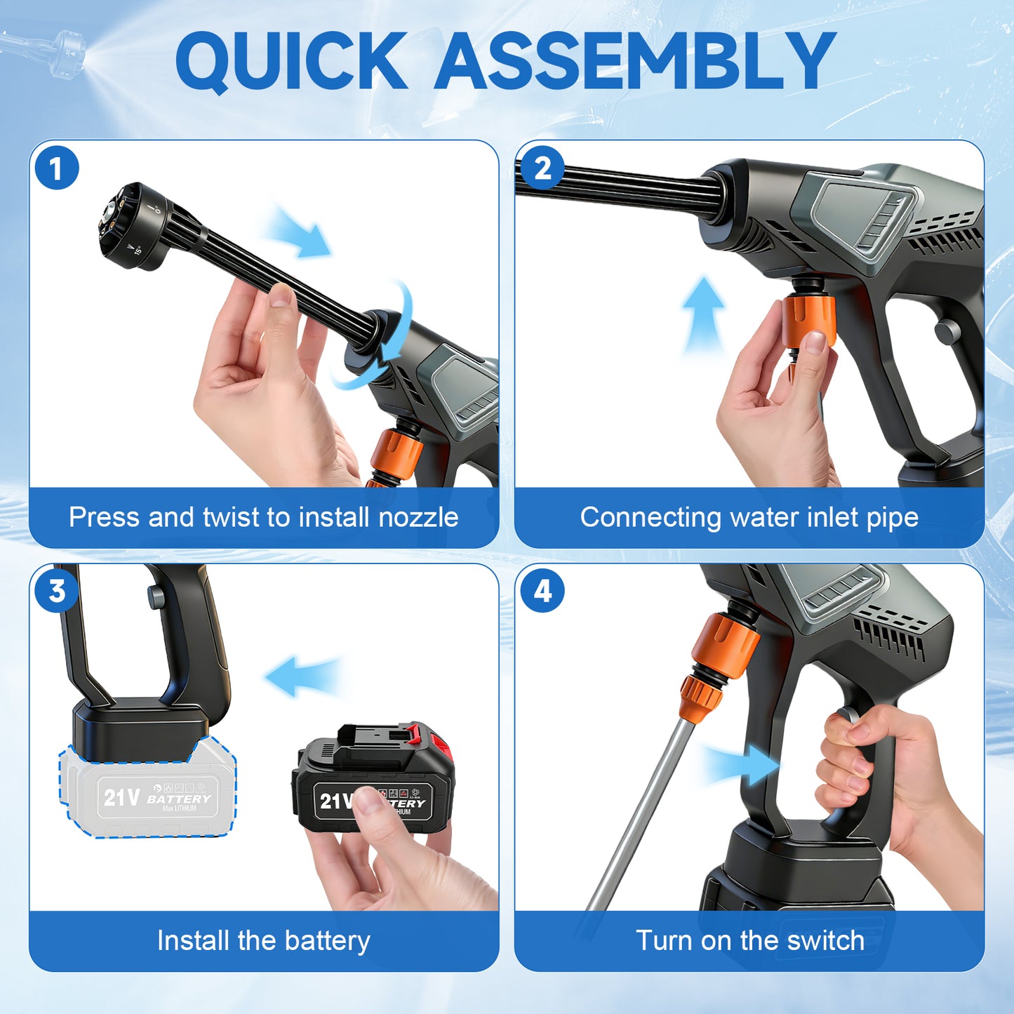 BAOKALER Cordless Pressure Washer, 600 PSI Portable Power Washer with 2 x 4.0AH Batteries, 6-in-1 High Power Washer for Car, Garden, Patio