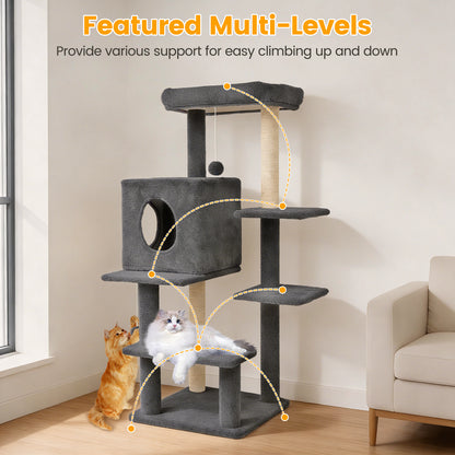 Sturdy 40-inch Cat Tree Tower with Cat Cave & Ramp Steps - Multi-Level Play & Sleep Center for Large Indoor Cats, Dark Gray