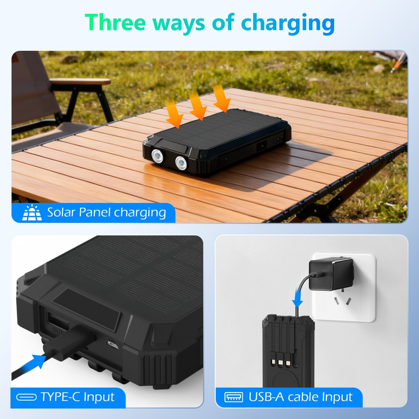 2PK Power Bank Wireless Charger 46800mAh Built in 4 Cables Six Outputs 15W Fast Charging Power Bank for All Mobile Devices Three Inputs Solar Portable Charger with Dual Flashlights, Carabiner(Black)