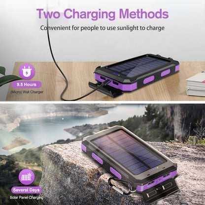 BAOKALER 30000mAh Solar Charger for Cell Phone iPhone, Portable Solar Power Bank with Dual 5V USB Ports, 2 Led Light Flashlight For emergency , Compass Battery Pack for Outdoor Camping Hiking(Purple)