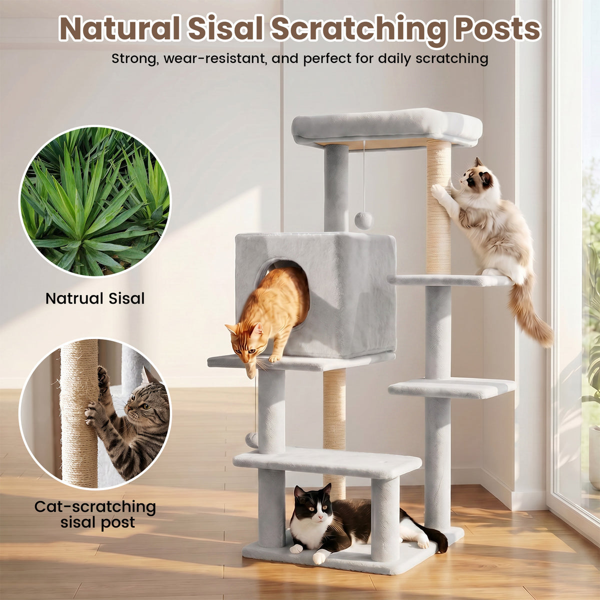 Sturdy Cat Tree: 40-Inch Indoor Cat Tower with Steps for Easy Climbing, Hiding Caves, Scratching Posts & Toys, Perfect for Big Cats