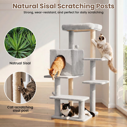 Sturdy Cat Tree: 40-Inch Indoor Cat Tower with Steps for Easy Climbing, Hiding Caves, Scratching Posts & Toys, Perfect for Big Cats