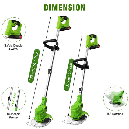 Electric 650W Weed Lawn Edger, Battery Weed Eater, Weed Wacker Electric, Cordless Grass Trimmer Cutting Tool & 2 Battery, Weed Trimmer for Yards Garden, Green
