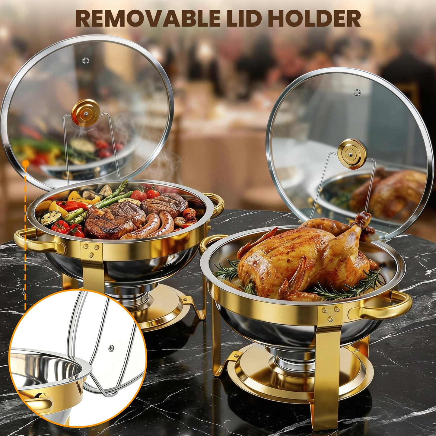 BAOKALER 2 Pack Chafing Dish Buffet Set, 6QT Stainless Steel Food Warmers with Glass Lids & Gold Stands, Buffet Servers for Parties, Weddings, Catering, Home